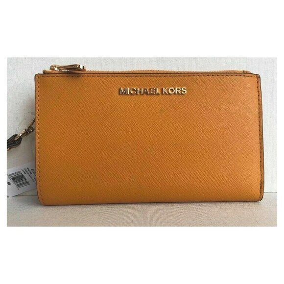 S Michael Kors Jet Set Travel Double-Zip Wristlet Marigold Leather Yellow NWT - Picture 1 of 10